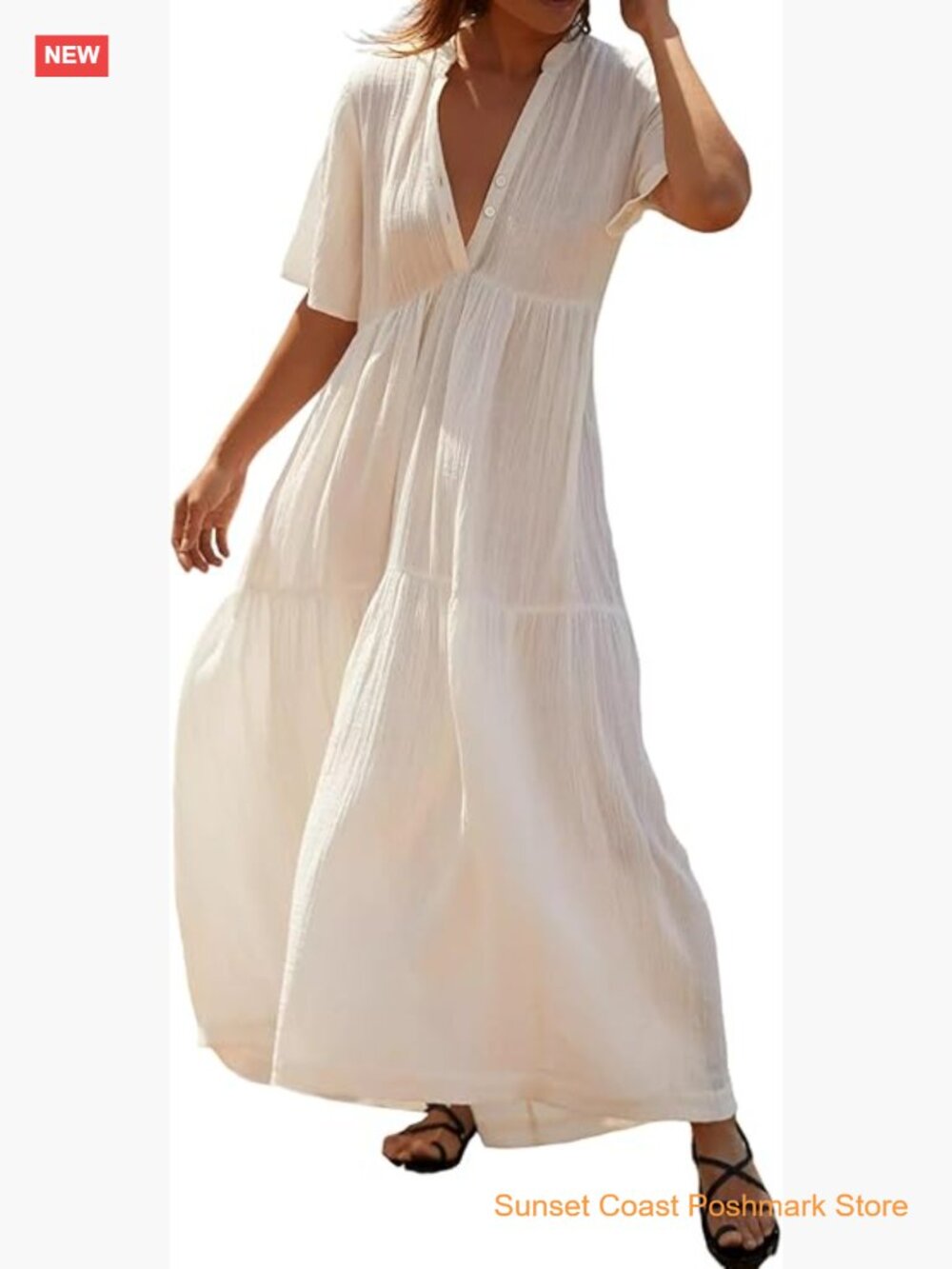 Women's Cotton Flowy Maxi Dress Short Sleeve V Neck Empire Waist Boho Tiered